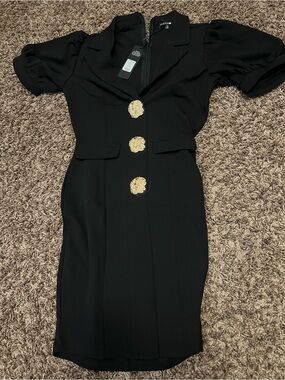 Black Puff-Sleeve Midi Dress with Gold Buttons